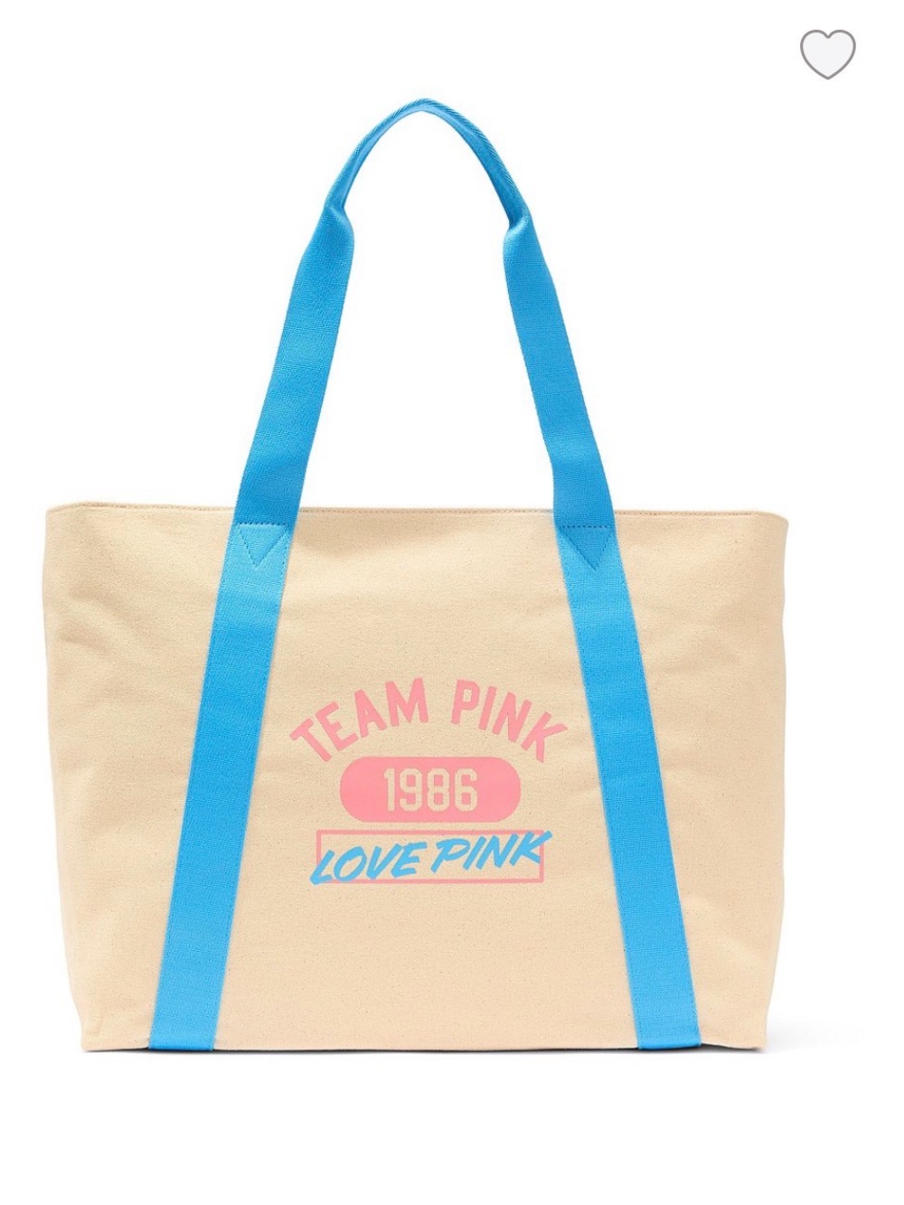 NWT, PINK Victoria’s Secret TEAM PINK Canvas Tote Bag w/ Zipper, Beige/Pink/Blue